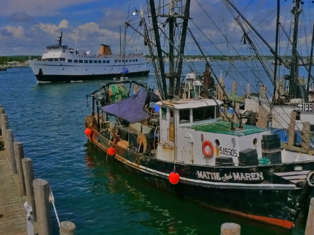 Block Island Ferry and Fishing Boat by William Latournes