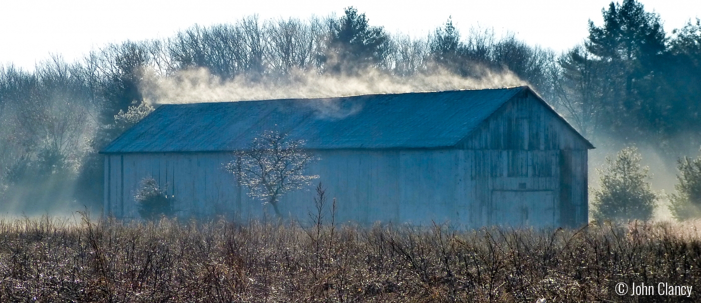 Misty Bloomfield Barn by John Clancy