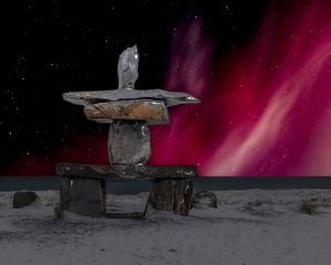 Hudson Bay Inukshuk with Northern Lights - Photo by Eric Wolfe
